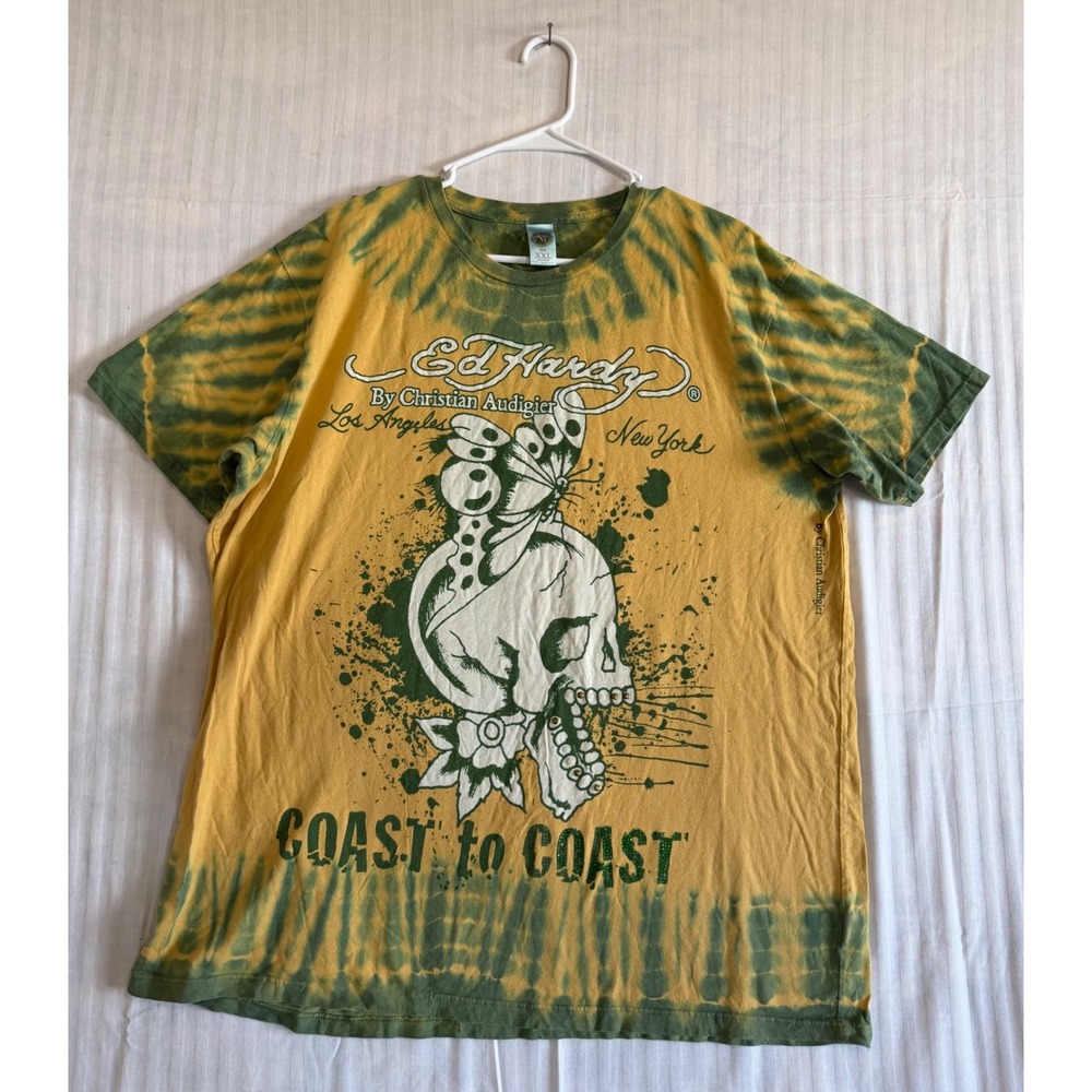 Ed Hardy Christian Audigier Skull Butterfly Tie Dye T-Shirt XXL Yellow Green